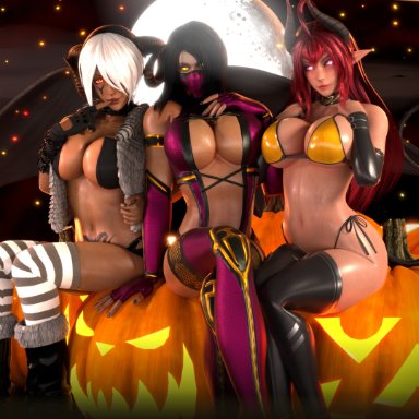 3d, 3girls, adeptusinfinitus, big breasts, bikini, black hair, blender, boots, brown skin, choker, cleavage, elbow gloves, furcoat, glowing eyes, halloween