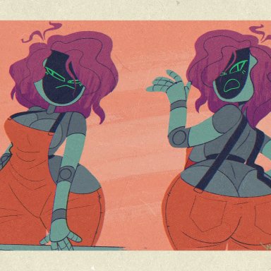 big breasts, big hips, maase, orange clothing, overalls, purple hair, robot, robot girl, scowl, screen face, thick, wide hips, wolftang
