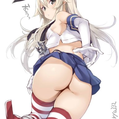 ass focus, back view, big ass, blonde hair, bunny ears, crop top, ebifurya, female, female only, gloves, grey eyes, hairbow, kantai collection, long gloves, looking back