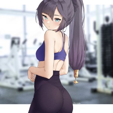 1girls, 2021, alternate hairstyle, ass, ass focus, back, back view, black hair, blue eyes, bubble butt, clothed ass, female, female focus, female only, genshin impact