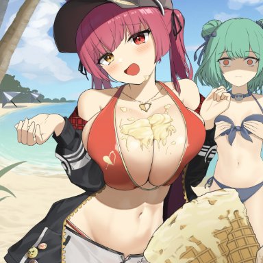 2girls, anchor, badge, beach, belly, big breasts, bikini top, blush, cap, cleavage, eyewear on head, hat, heterochromia, hololive, houshou marine