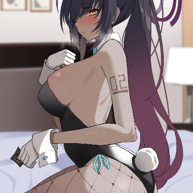 1girls, 2021, ahoge, animal ears, arm tattoo, ass, bangs, bare shoulders, bed sheet, black footwear, black hair, black leotard, blue archive, blue neckwear, blush