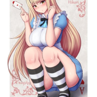 1girls, ace of hearts, alice (cosplay), alice (disney), alice in wonderland, alice in wonderland (disney), alternate costume, ass, bangs, black shoes, blonde hair, blue dress, blue skirt, blush, bow