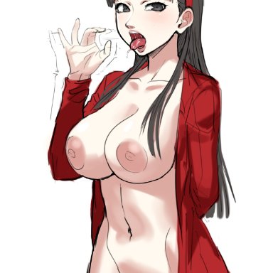 1girls, akisora, akizora, amagi yukiko, areolae, atlus, big breasts, black eyes, black hair, blowjob gesture, breasts, breasts outside, collarbone, eyebrows, eyebrows visible through hair