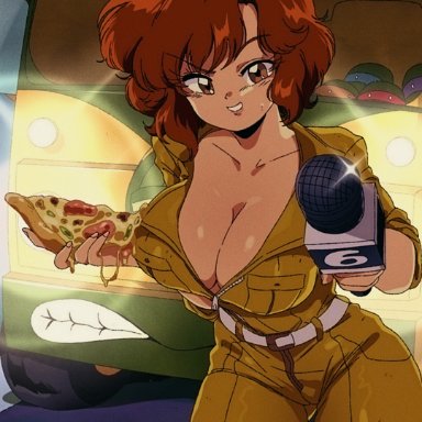 1girls, april o'neil, bluethebone, breasts, brown eyes, brown hair, cleavage, cowboy shot, donatello (tmnt), english text, grin, jumpsuit, large breasts, leonardo (tmnt), looking at viewer