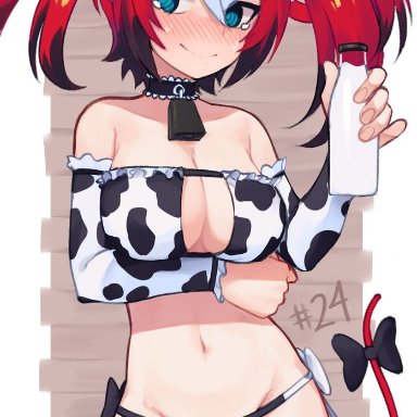 1girls, 2d, animal ears, ass visible through thighs, belly, belly button, bikini, black hair, blue eyes, boob window, breasts, breasts, choker, cow bell, cow print