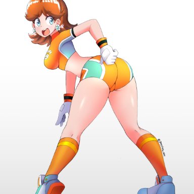 1girls, ass, blue eyes, breasts, brown hair, crown, female, gloves, jarckius, looking back, mario (series), mario strikers, nintendo, princess daisy, short hair