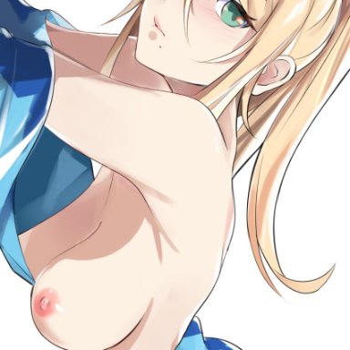 aqua eyes, areolae, ass, bangs, bare shoulders, bodysuit, breasts, cleavage, closed mouth, eyebrows visible through hair, female, hair between eyes, hair tie, high ponytail, large breasts