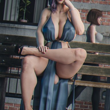 1futa, 1girls, 3d, balls, bench, big breasts, breasts, casual exposure, casual nudity, clothed, clothing, dress, erection, female, futa focus