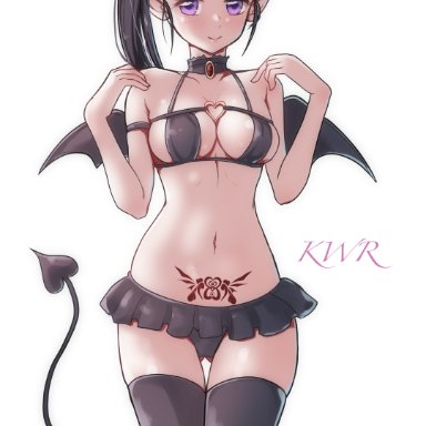 bangs, black hair, black legwear, black thighhighs, choker, cleavage, demon horns, demon slayer, demon tail, demon wings, female, female only, halloween, halloween costume, kimetsu no yaiba