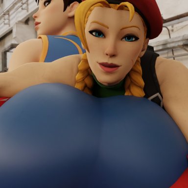 2girls, 3d, ass, blonde hair, cammy white, chun-li, huge ass, kishi, smiling, street fighter, yuri