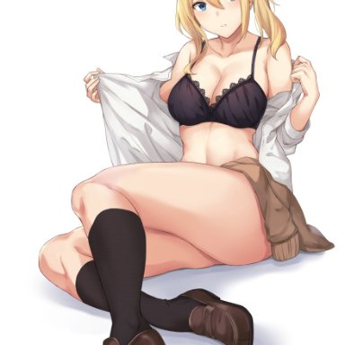 1girls, 2019, bangs, black bra, black legwear, blonde hair, blue eyes, blush, bra, breasts, closed mouth, clothes around waist, collared shirt, female, female