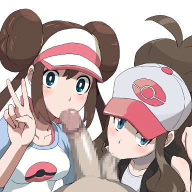 1boy, 2girls, :>=, absurdres, ball sucking, bare shoulders, baseball cap, blue eyes, breasts, brown hair, cap, censored, clothes, collaborative fellatio, creatures (company)