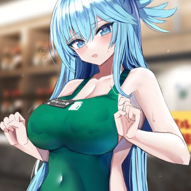 1girls, absurd res, apron, aqua (konosuba), aqua eyes, aqua hair, armpits, backround, blurry, blurry background, blush, breasts, cleavage, clothing, covered navel