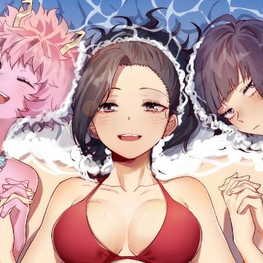 3girls, bare shoulders, beach, bikini, bikini top, black hair, black sclera, blue bikini, blush, colored sclera, colored skin, frilled bikini, frills, grey eyes, hair pulled back