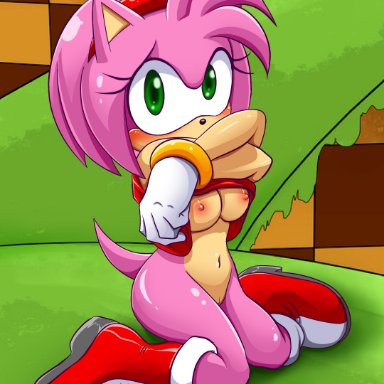 1girls, amy rose, animal ears, blush, breasts, female, furry, green eyes, nipples, palcomix, shirt lift, solo, solo female, sonic (series)