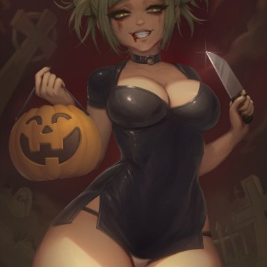 1girls, bangs, bat, big breasts, black nail polish, blonde hair, blood, blood from mouth, breasts, choker, cleavage, clothed, clothed female, curvy, double bun