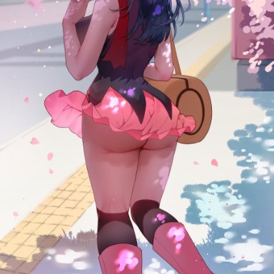 1girls, ass, big ass, big butt, blue eyes, blue hair, dawn (pokemon), eye contact, ice cream, looking at viewer, looking back, nintendo, pokemon, pokemon dppt, skirt