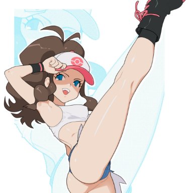 aged up, ass, blue eyes, boots, booty shorts, brown hair, hand on hat, hat, hilda (pokemon), holding hat, leg lift, medium breasts, no panties, partially visible vulva, pokemon