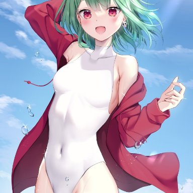 green hair, hololive, jacket, looking at viewer, one-piece swimsuit, open mouth, owo utekiro, red eyes, skintight, small breasts, solo, swimsuit, tagme, uruha rushia, virtual youtuber