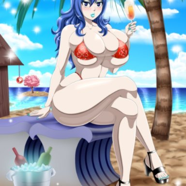 ass, barefoot, beach, big ass, big breasts, big butt, big nipples, big thighs, bikini, blue eyes, blue hair, bursting breasts, enormous breasts, ero-enzo, fairy tail