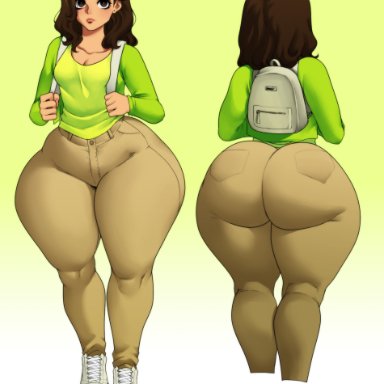 1girls, ass, backpack, big ass, breasts, brown hair, carmen marvello, eye contact, female, gradient background, huge ass, jay-marvel, large ass, long hair, looking at viewer