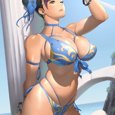 1girls, artist name, asian, asian female, big breasts, bikini, black hair, blue nails, blue sky, bracelet, bracelets, breasts, busty, capcom, choker