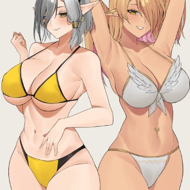 2girls, armpits, arms behind head, bangs, bare arms, bare legs, bare midriff, bare shoulders, bare thighs, belly button, belly piercing, bikini, blonde hair, dark-skinned female, dark skin