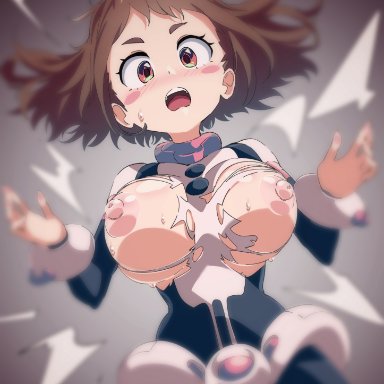 1girls, areolae, big breasts, breasts, brown eyes, brown hair, hero outfit(mha), large breasts, my hero academia, nipples, ochako uraraka, ripped clothing, sajimari, surprised, thick thighs