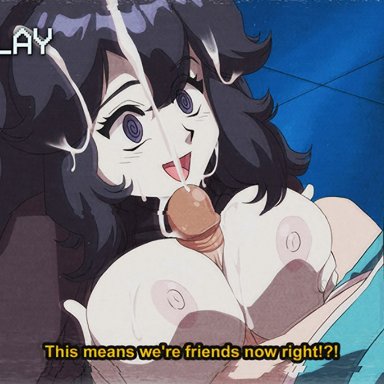 1boy, 1girls, @ @, areolae, big breasts, breasts, cum, cum between breasts, dirtyero(artist), ejaculation, ejaculation between breasts, female, hairband, happy, hex maniac