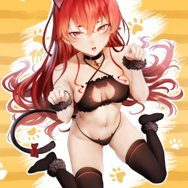 ahoge, animal ears, animal hands, artist name, bell, bow, cat cutout, cat ear panties, clavicle, cleavage cutout, clothing, clothing cutout, eris boreas greyrat, fake animal ears, fake tail