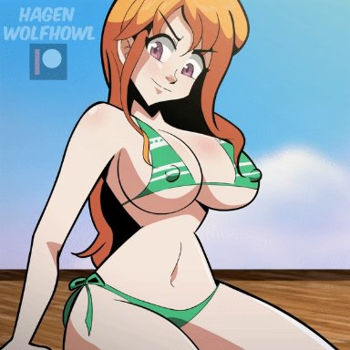 animated, big breasts, bikini, hagen toons, hagen wolfhowl, nami, one piece, orange hair