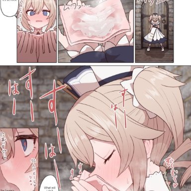 1girls, aether (genshin impact), ahe gao, barbara (genshin impact), blonde hair, blue eyes, blush, breasts, cleavage, closed eyes, comic, cum, english text, female pervert, genshin impact