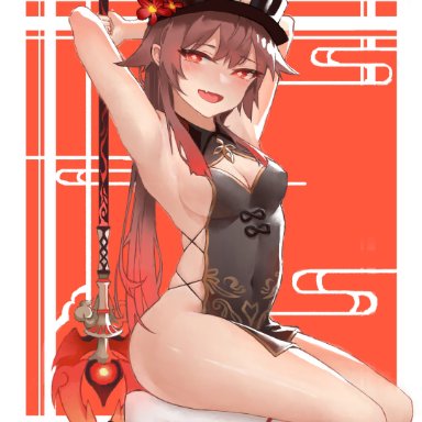1girls, absurd res, armpits, arms up, blush, breasts, brown hair, china dress, chinese clothes, cleavage, fang, female, female only, full body, genshin impact