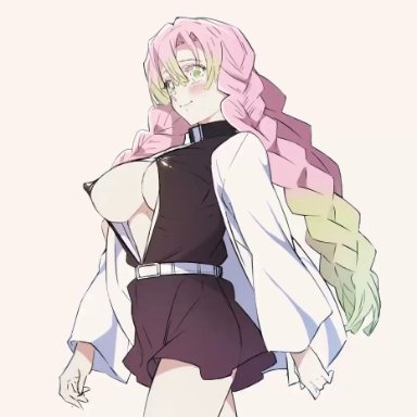 animated, bangs, big breasts, blush, bouncing breasts, braided hair, demon slayer, erect nipples, erection under clothes, female, female only, haori, kanroji mitsuri, kimetsu no yaiba, long hair