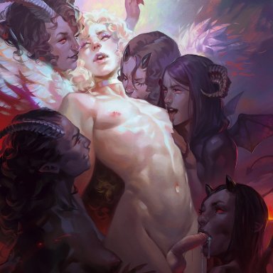 1boy, 5girls, androgynous, angel, angel wings, assisted fellatio, belly, belly button, black hair, blonde hair, blonde hair, blowjob, breast sucking, collar, demon