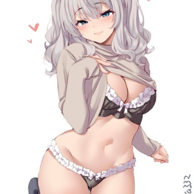 :3, bangs, big breasts, black bra, black legwear, black panties, black thighhighs, blue eyes, blush, bra, cleavage, ebifurya, female, female only, frilled bra