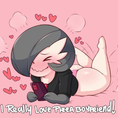 1girls, anthro, ass, big ass, big butt, blush, closed eyes, female, gardevoir, hearts, nintendo, panties, pink background, pokemon, pokemon rse