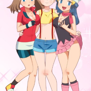 3girls, assisted exposure, bandana, blue hair, boots, bottomless skirt, breast press, breasts, brown hair, cleavage, da hypocrat, dawn (pokemon), edit, empty eyes, expressionless