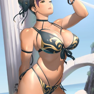 1girls, artist name, asian, asian female, big breasts, bikini, black hair, blue nails, blue sky, bracelet, bracelets, breasts, busty, capcom, choker