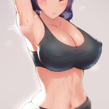 1girls, ass, big ass, big breasts, blue eyes, blue hair, blurry background, breasts, embarrassed, female, female focus, female only, genshin impact, hips, huge ass