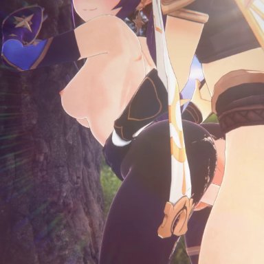 16:9 aspect ratio, 1boy, 1girl, 3d, aether (genshin impact), against tree, animated, aqua eyes, armpits, artist logo, ass, back, bare shoulders, black hair, bouncing ass