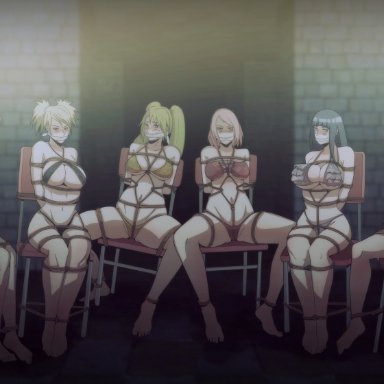 6girls, arms behind back, barefoot, bikini, blush, bondage, bound, breasts, captured, chair, cleave gag, cloth gag, crotch rope, dungeon, female