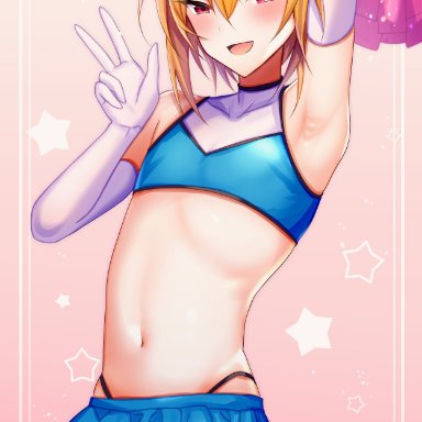 1boy, blonde hair, blush, bulge, cheerleader, cheerleader uniform, eye contact, femboy, gloves, looking at viewer, male, original, penis bulge, short hair, skirt