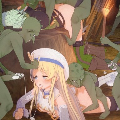 2girls, animated, ass, bouncing breasts, cavern, cum in mouth, cumming, cumshot, dat ass, doggy style, elf, from behind, gif, goblin male, goblin slayer