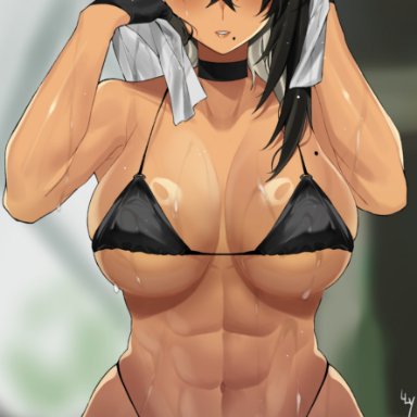 abs, asymmetrical hair, bangs, bare arms, bare legs, bare midriff, bare shoulders, bare thighs, beauty mark, belly button, big breasts, black bra, black gloves, black hair, bra