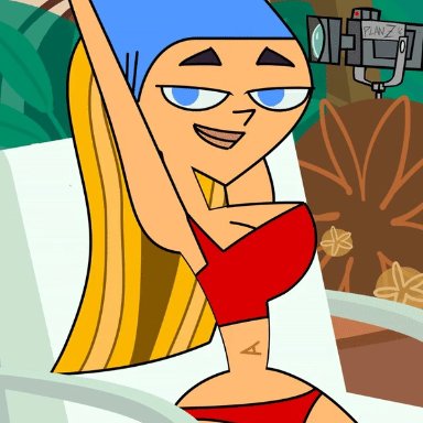 animated, big breasts, bikini, blonde, blonde hair, bouncing breasts, breasts, breasts bursting out, lindsay (total drama), lip biting, navel, nipples, planz34, puckered lips, stretching