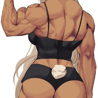 animal ears, ass, back, big ass, bunny ears, bunny tail, dark-skinned female, dark skin, long hair, looking back, miruko, muscles, musctonk, muscular back, muscular female