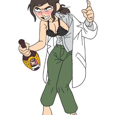 2021, armpit peek, barefoot, bra, brown hair, cleavage, collarbone, drunk, eye bags, female, holding bottle, human, illust9693, inside job, labcoat