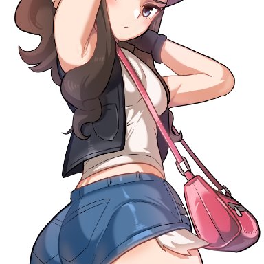 1girls, ass, bag, brown hair, cpb, eye contact, female, hat, hilda (pokemon), long hair, looking at viewer, minishorts, nintendo, pokemon, pokemon bw